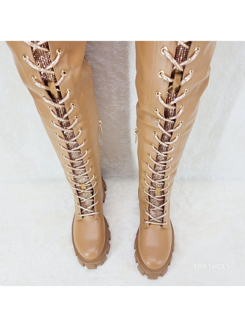 Roscoe Rose Gold Tan Combat Thigh  High Boots Rose Gold Rhinestone Tongue